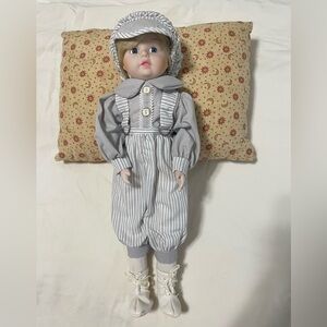 Sweet Vintage-Style Boy Doll in Soft Gray Stripes